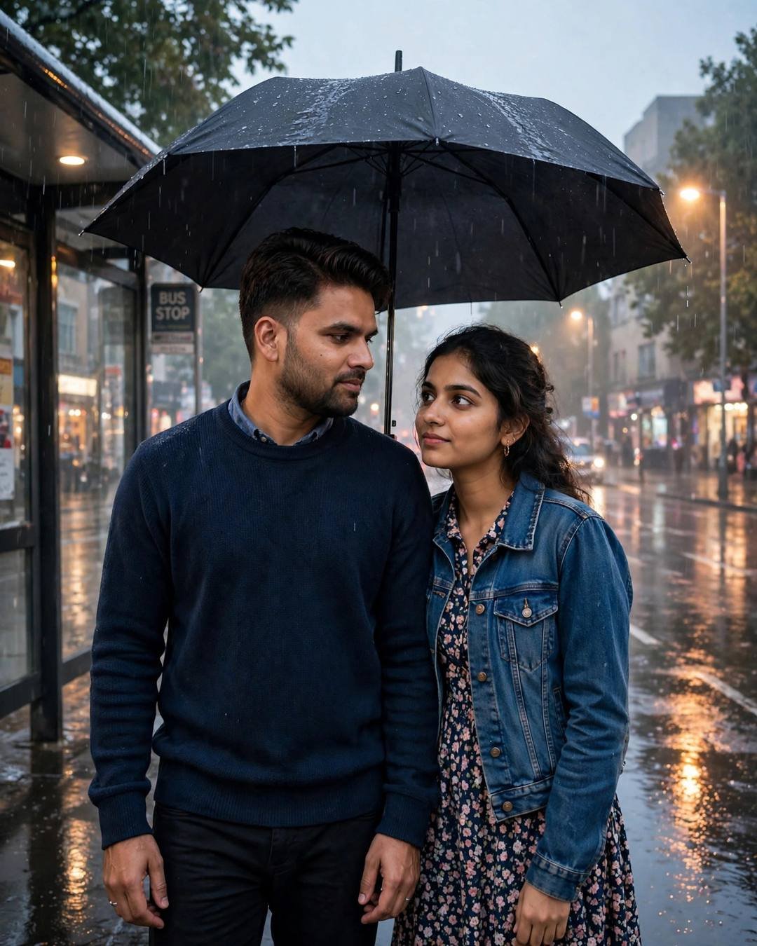 Young Indian couple standing close under one umbrella at a rainy bus stop at dawn, looking at each other