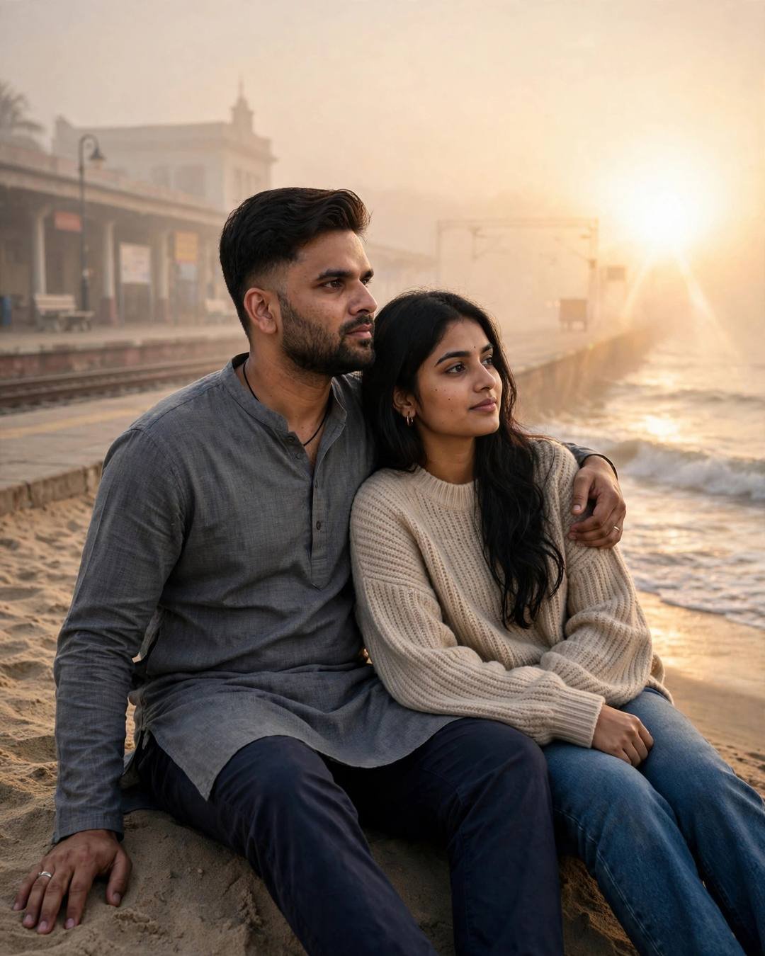 Young Indian couple sitting on sand at dawn where a beach meets a foggy railway platform, his arm around her, golden backlight