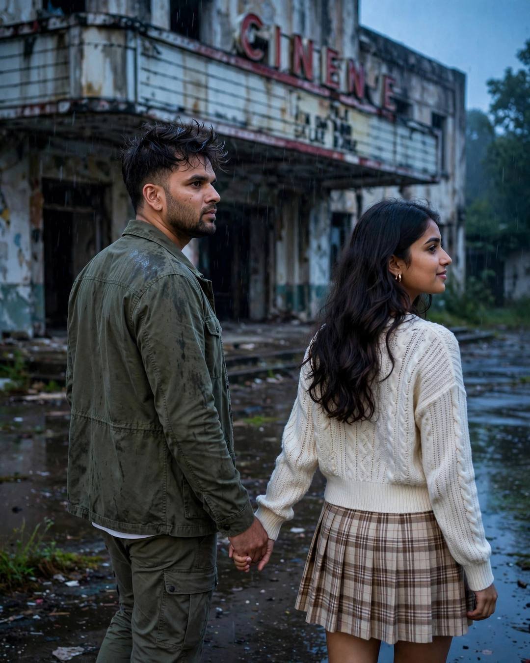 Young Indian couple walking away hand in hand from an abandoned cinema in light rain at blue hour