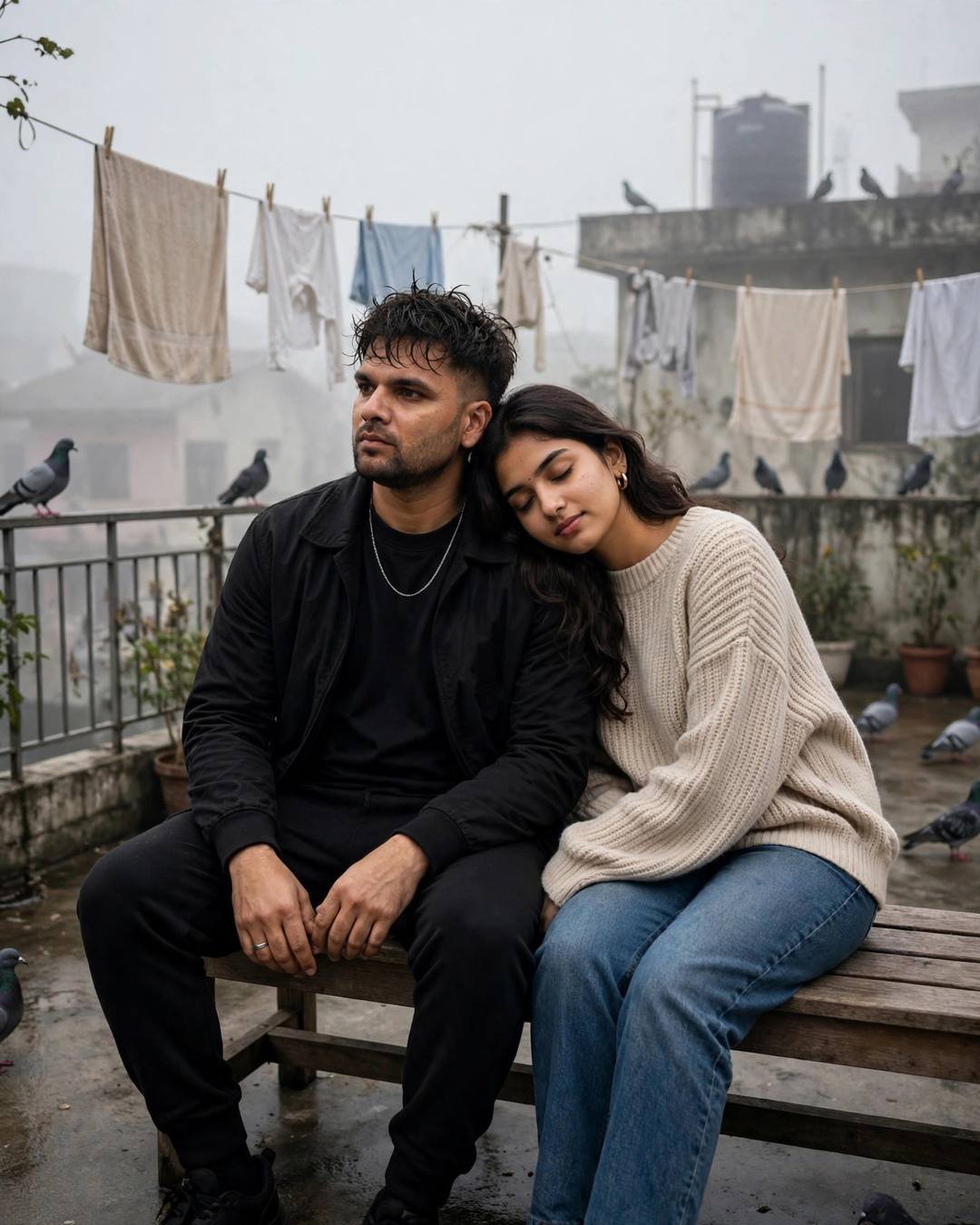 Young Indian couple sitting close on a terrace bench in fog, her head on his shoulder, pigeons and clothes lines around