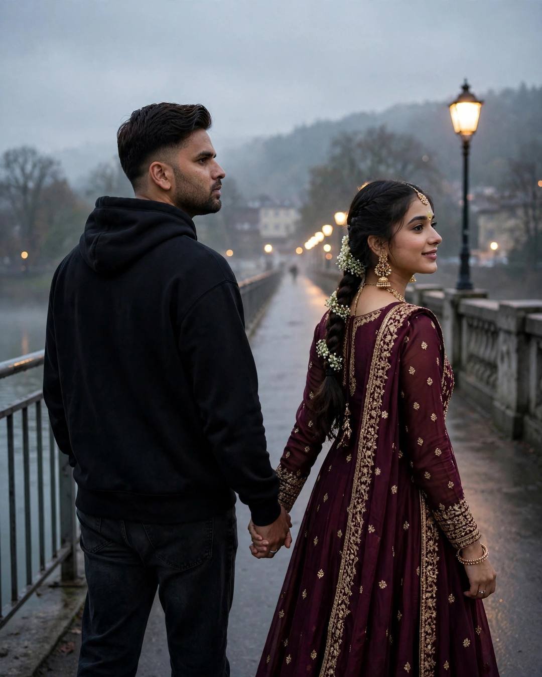 Young Indian couple walking away hand in hand across a bridge at dusk, looking back, woman in maroon anarkali with braid