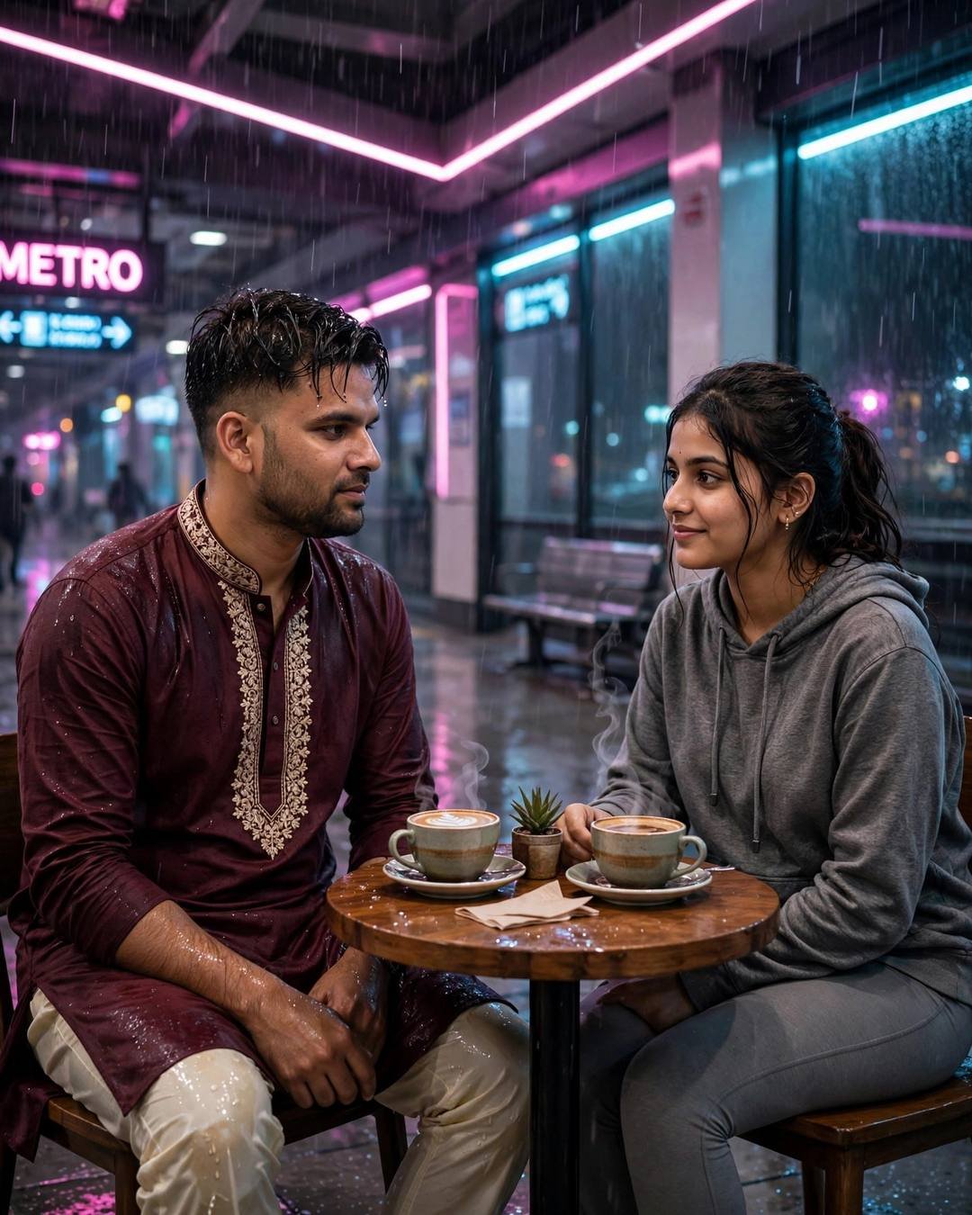 Young Indian couple at a small cafe table in a neon-lit metro station at midnight, steaming coffee cups, rain beyond glass