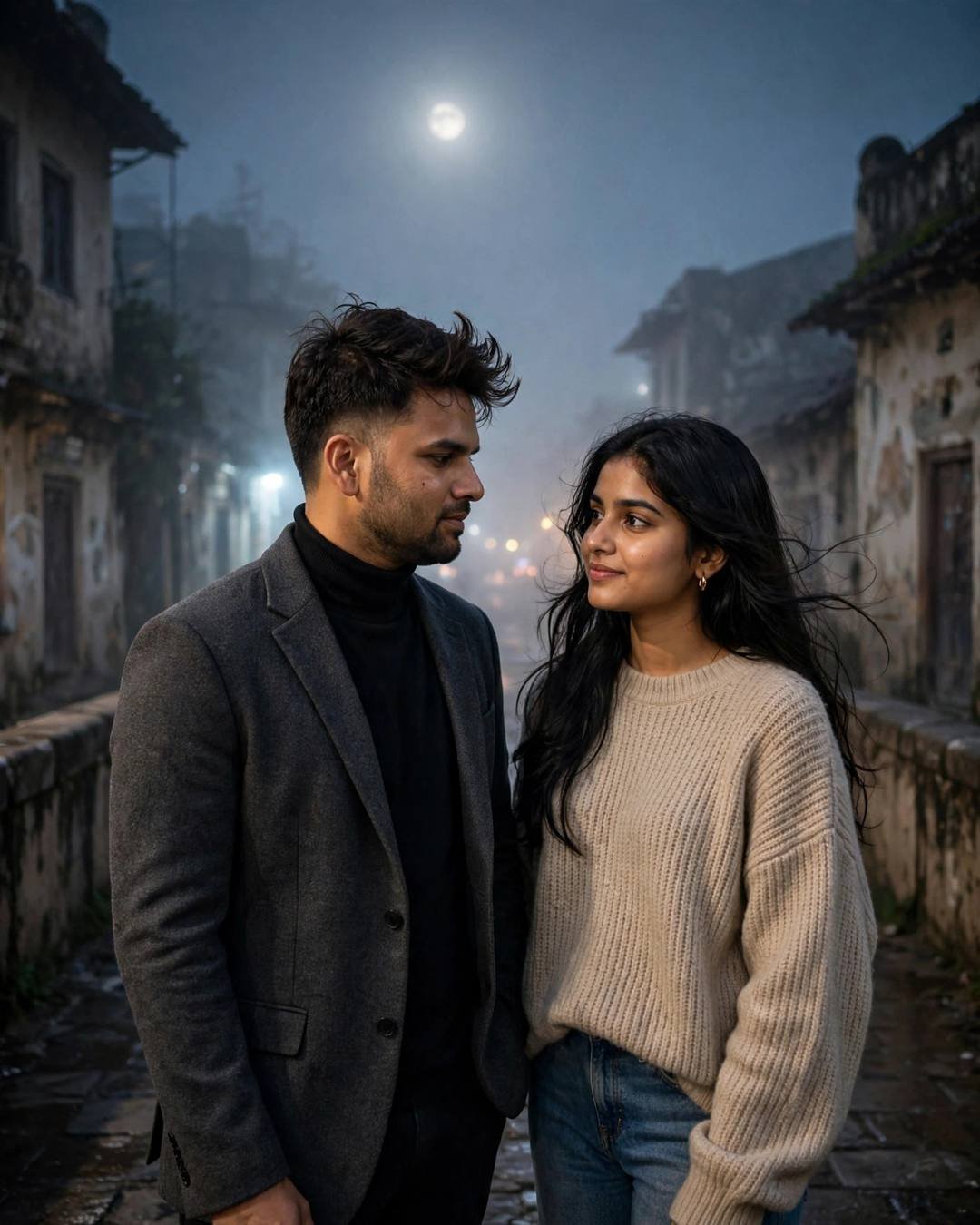 Young Indian couple standing face to face on a foggy old bridge under a full moon at night