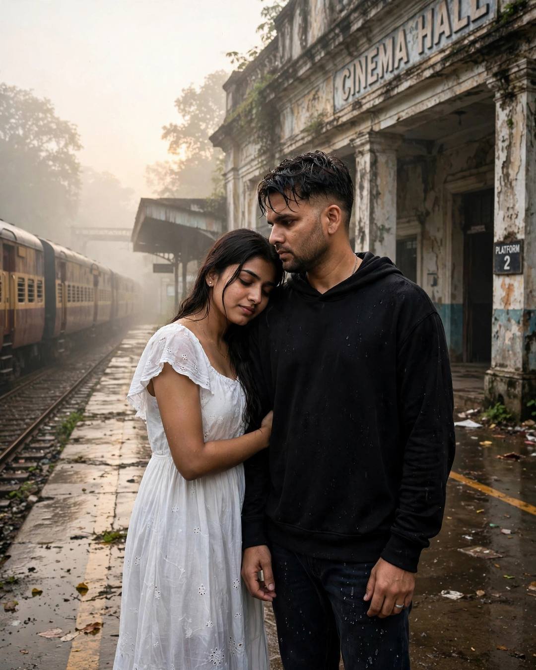 Young Indian couple embracing on a foggy abandoned cinema platform beside a waiting train at dawn