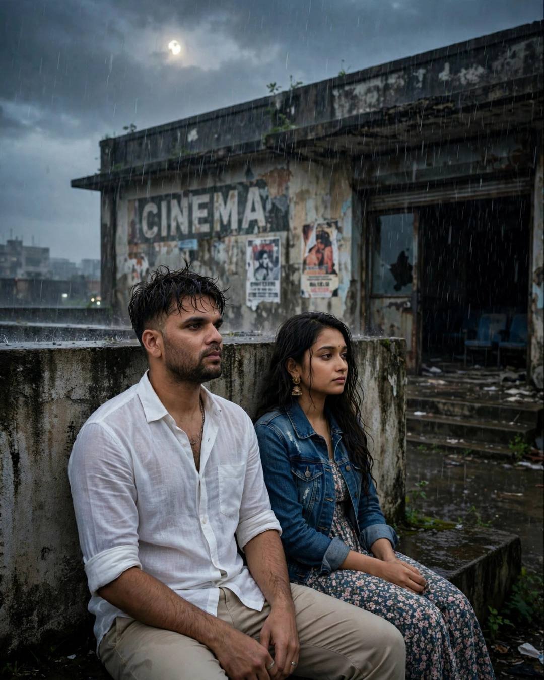 Young Indian couple sitting side by side on abandoned cinema steps in heavy monsoon rain, moon through clouds