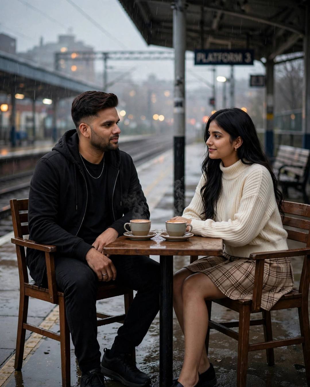 Couple sharing chai at a small table on a rainy railway platform, man in all-black streetwear, woman in cream knit top and plaid skirt