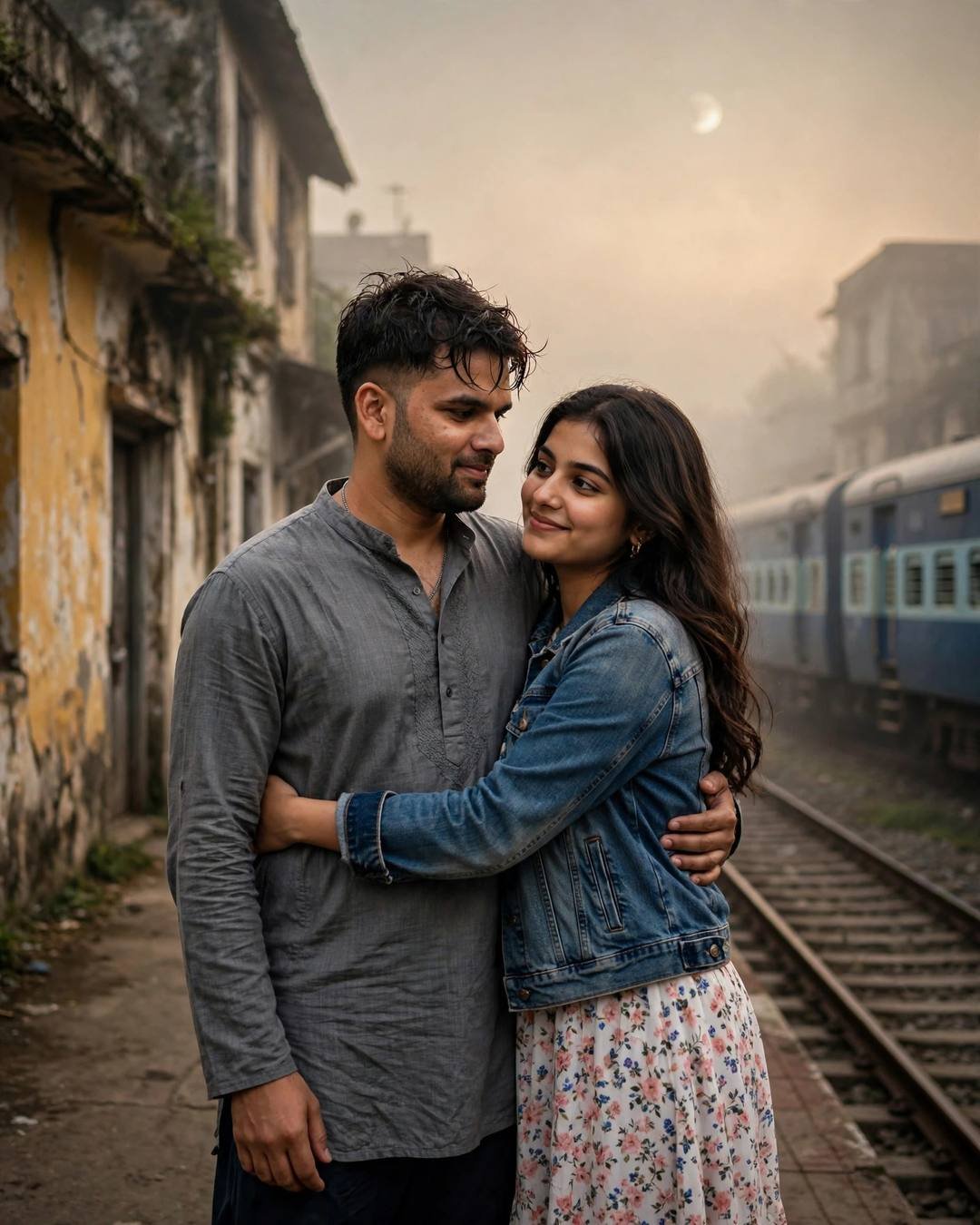 Couple embracing beside railway tracks in moonlit fog, man in grey kurta, woman in denim jacket over floral dress
