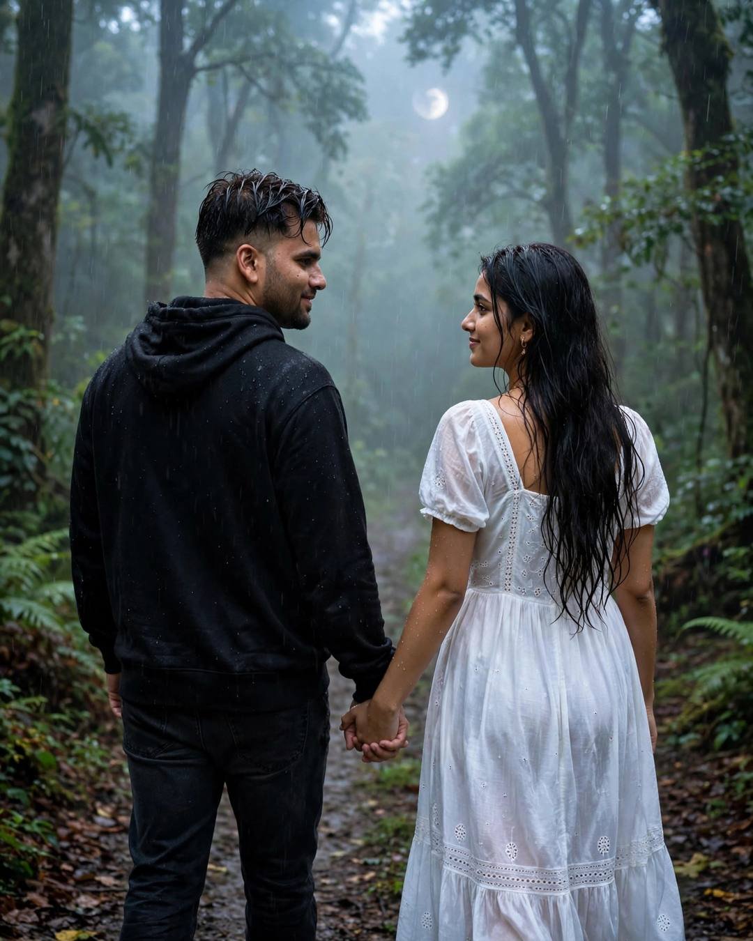 Couple walking hand in hand into a moonlit misty forest, man in black hoodie, woman in flowing white summer dress