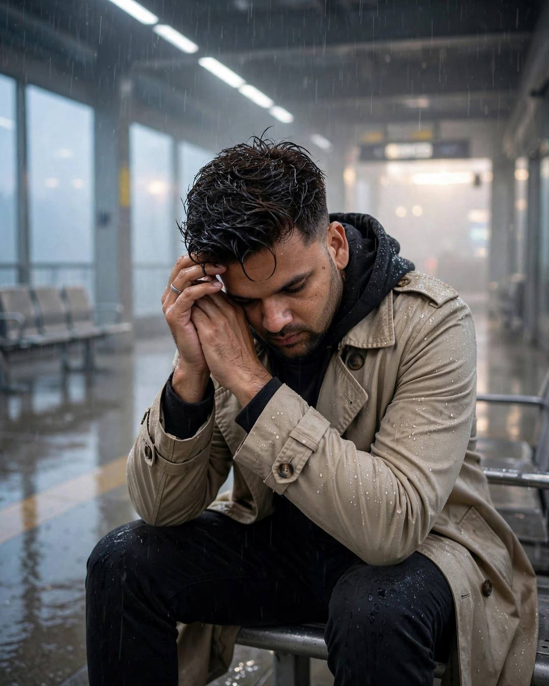 Young Indian man in a beige trench coat sitting on a midnight metro station bench, head in hands, rain and fog around him