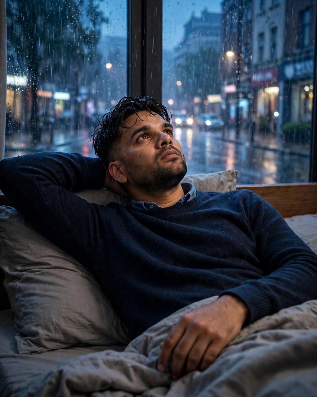 Young Indian man in a navy sweater leaning back on a bed, gazing at a rain-streaked window overlooking a city street at blue hour