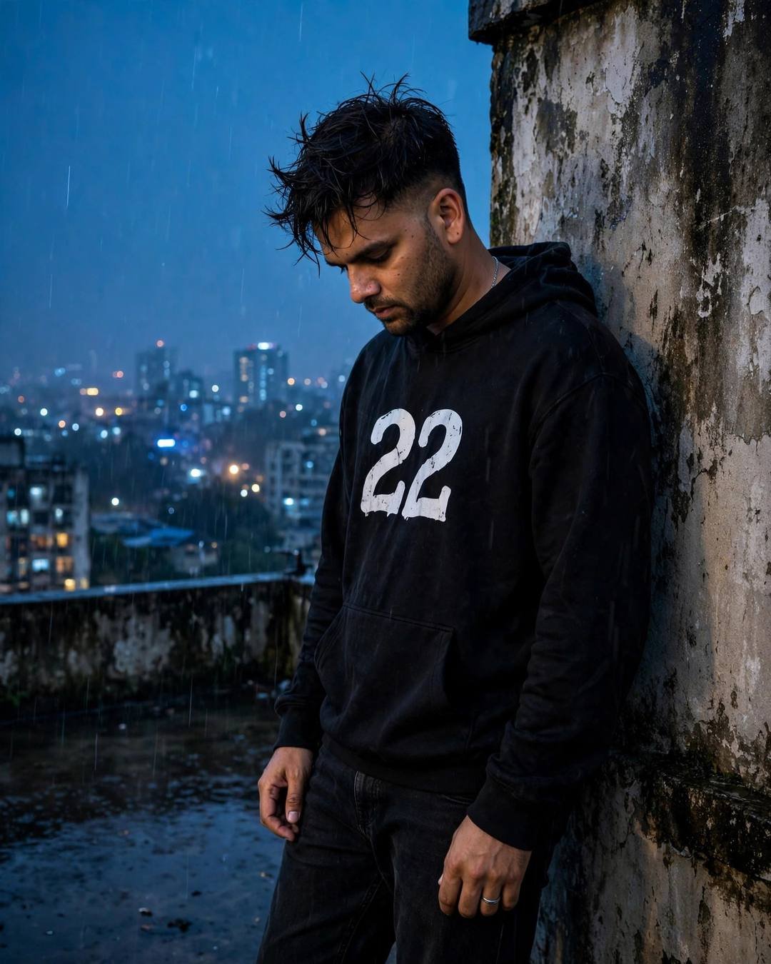 Young Indian man in black hoodie leaning against a weathered rooftop wall at blue hour, head bowed, city lights behind