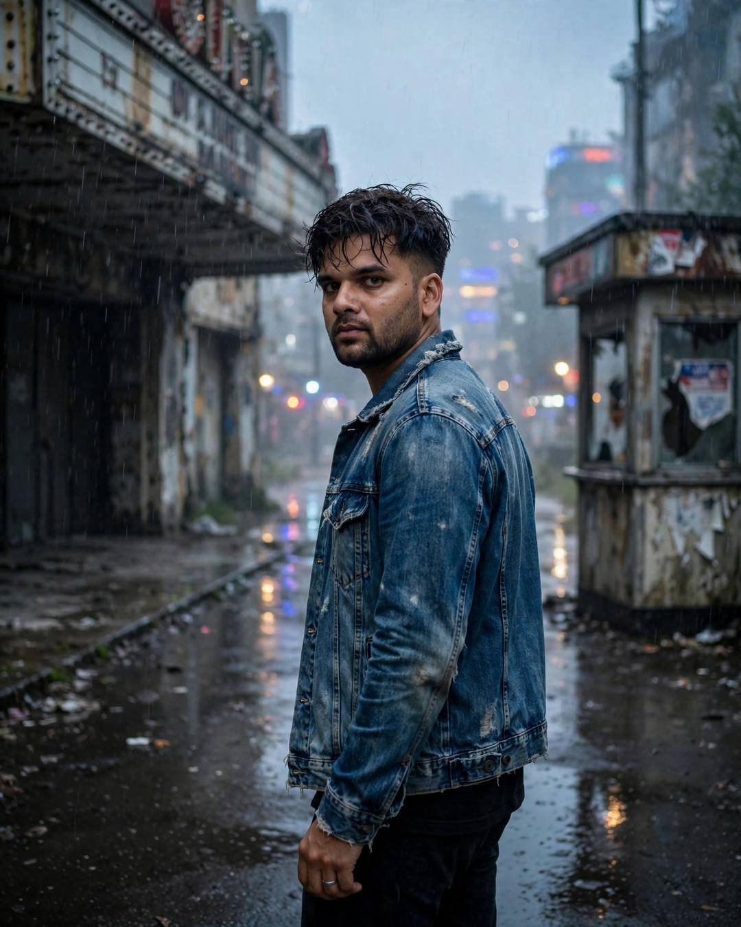 Young Indian man in distressed denim jacket glancing back over his shoulder on an empty rain-soaked street by an old cinema