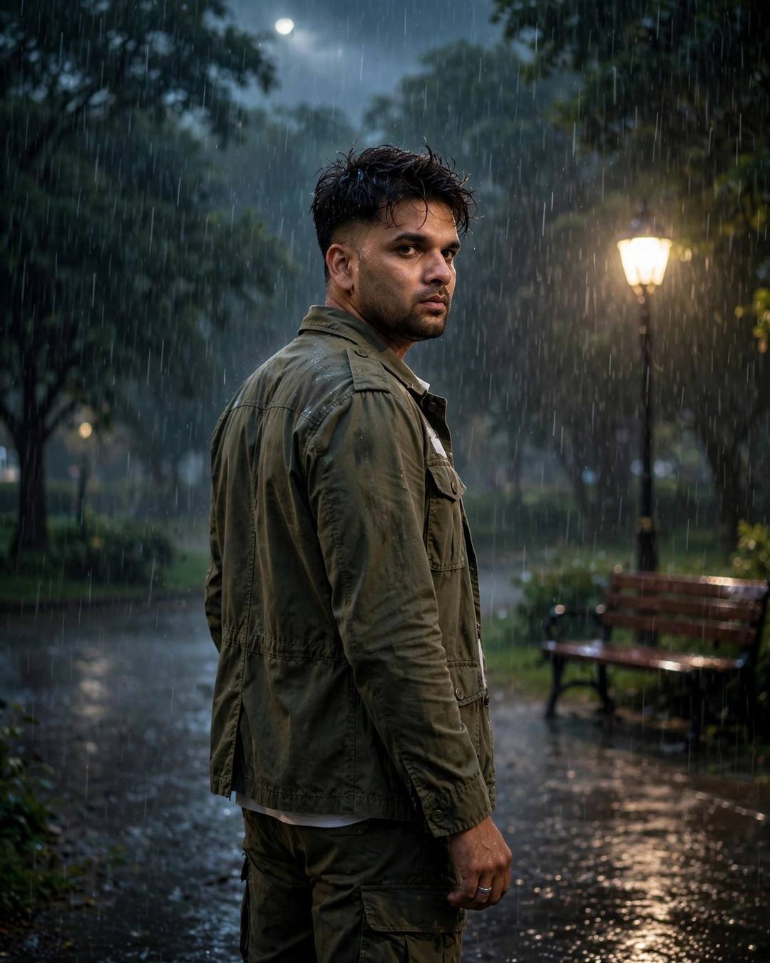 Young Indian man in olive field jacket looking over his shoulder in heavy monsoon rain at a park bench under a lone lamp
