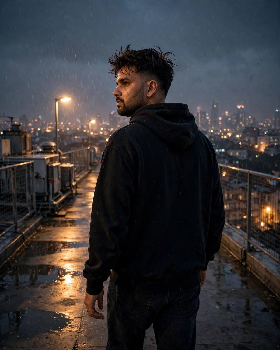 Young Indian man in black hoodie walking a rain-wet rooftop at night, glancing back over his shoulder above a sleeping city