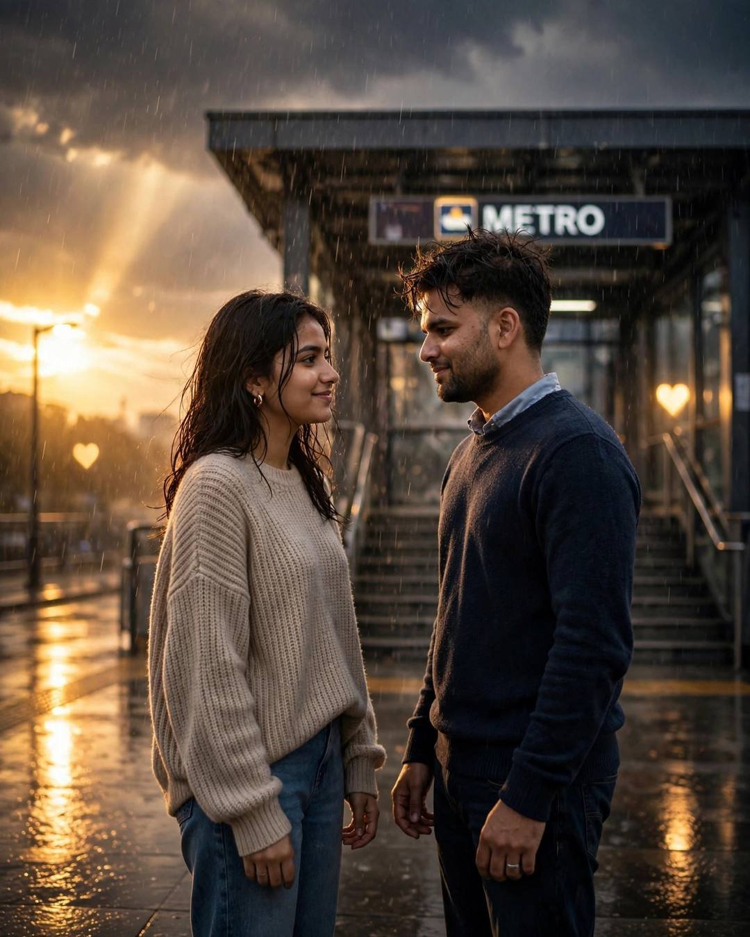 Couple laughing with tears facing each other on a rain-washed metro platform at golden hour
