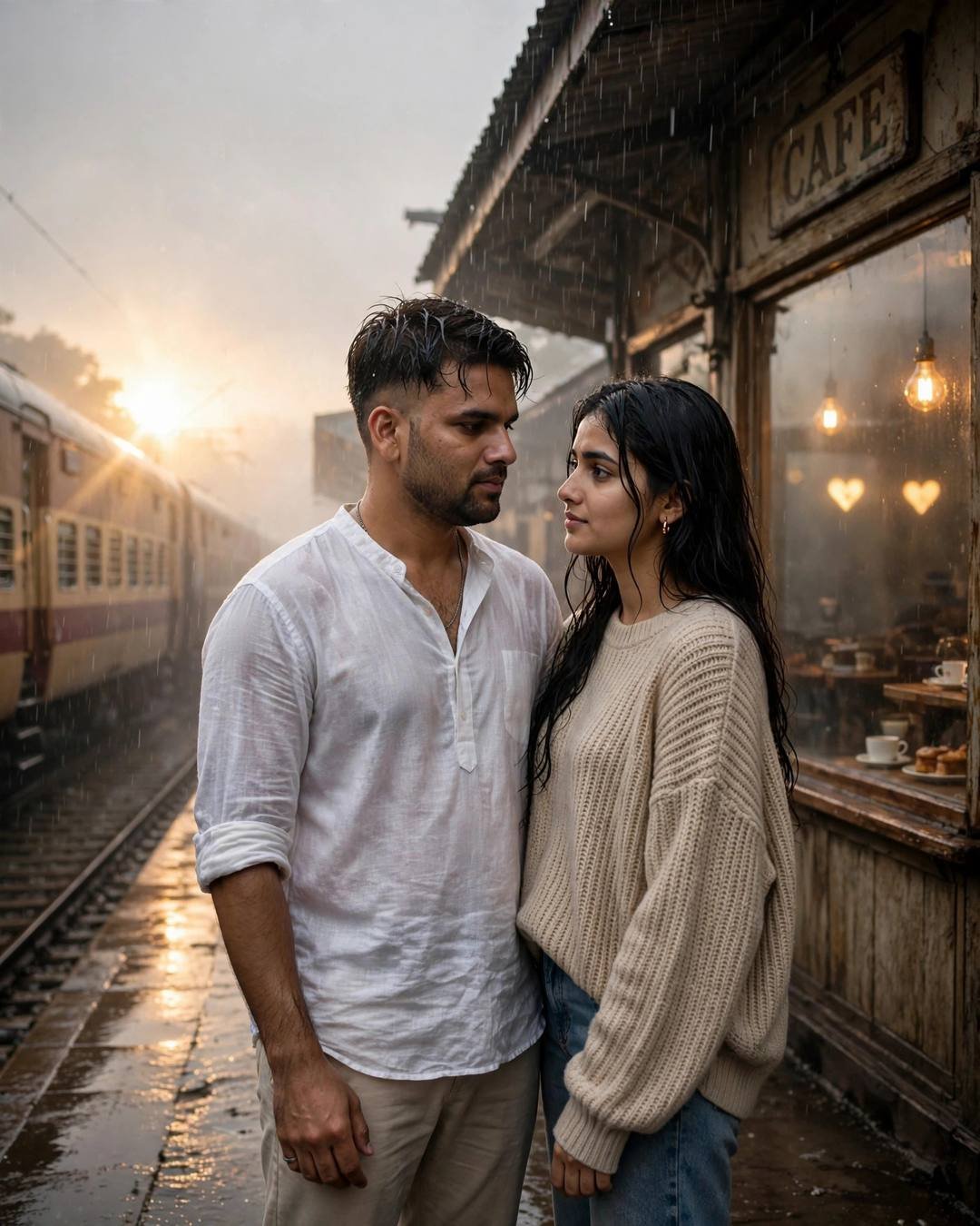 Couple standing close on a rainy railway platform after good news, man in white linen shirt, woman in beige sweater, dawn backlight