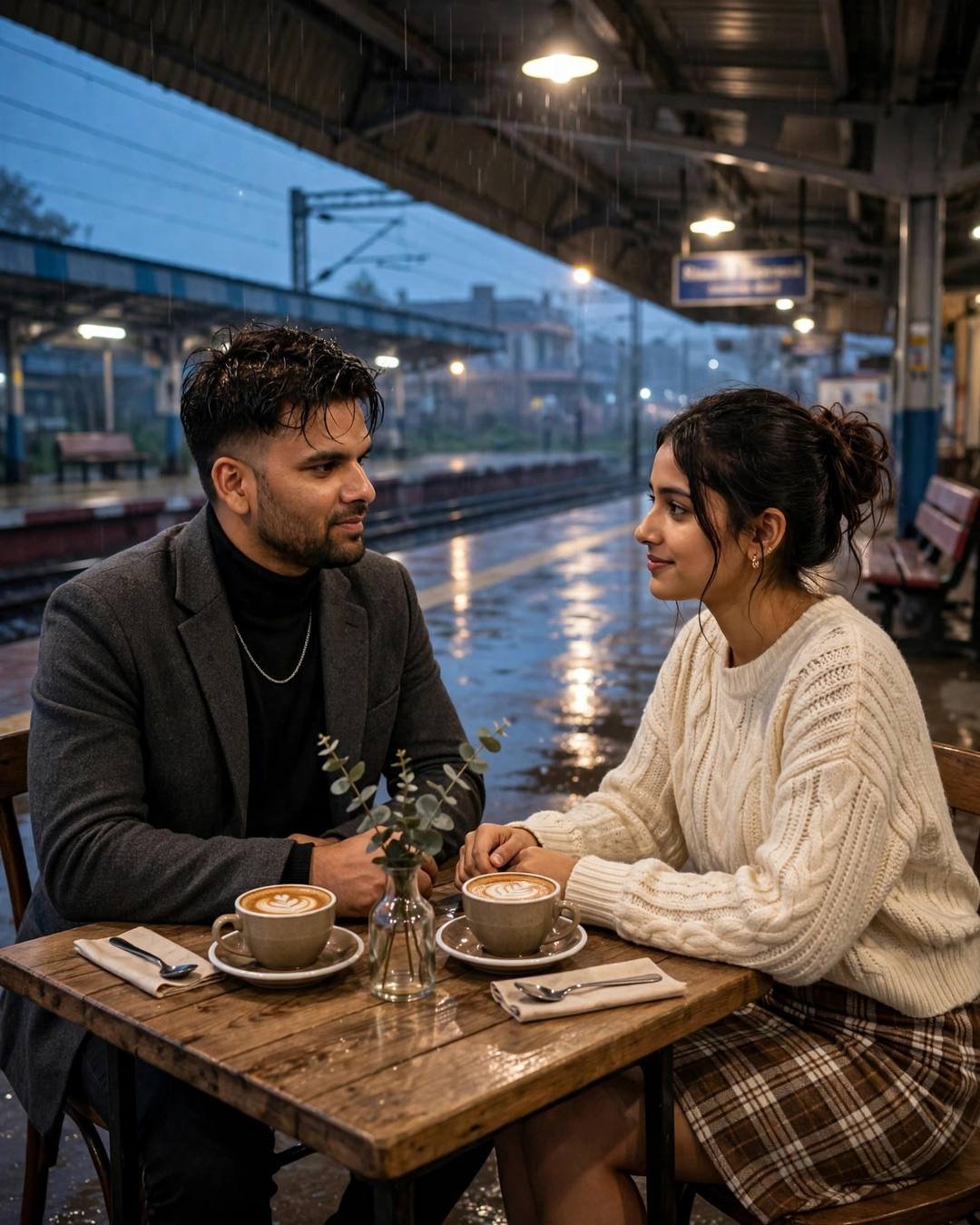 Couple sitting across a cafe table on a rainy night platform, hands almost touching over coffee cups, warm lamps
