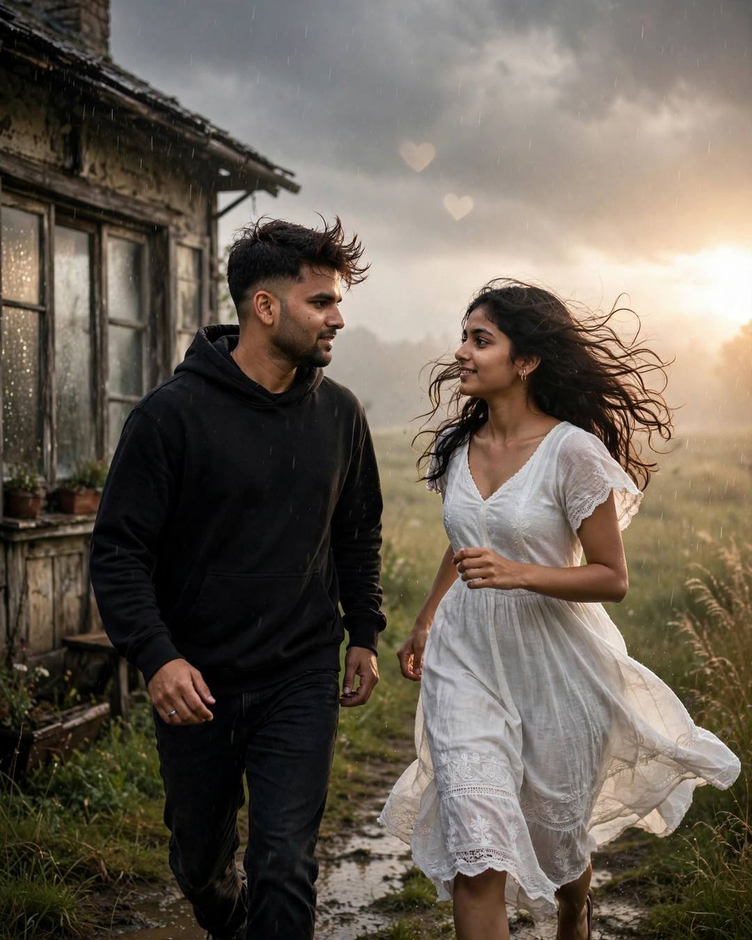 Couple running toward each other through a rain field, man in black hoodie, woman in white dress, old cafe behind