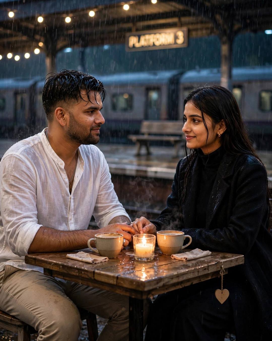 Couple reading letters by candlelight at a rainy railway platform, hands touching over coffee cups