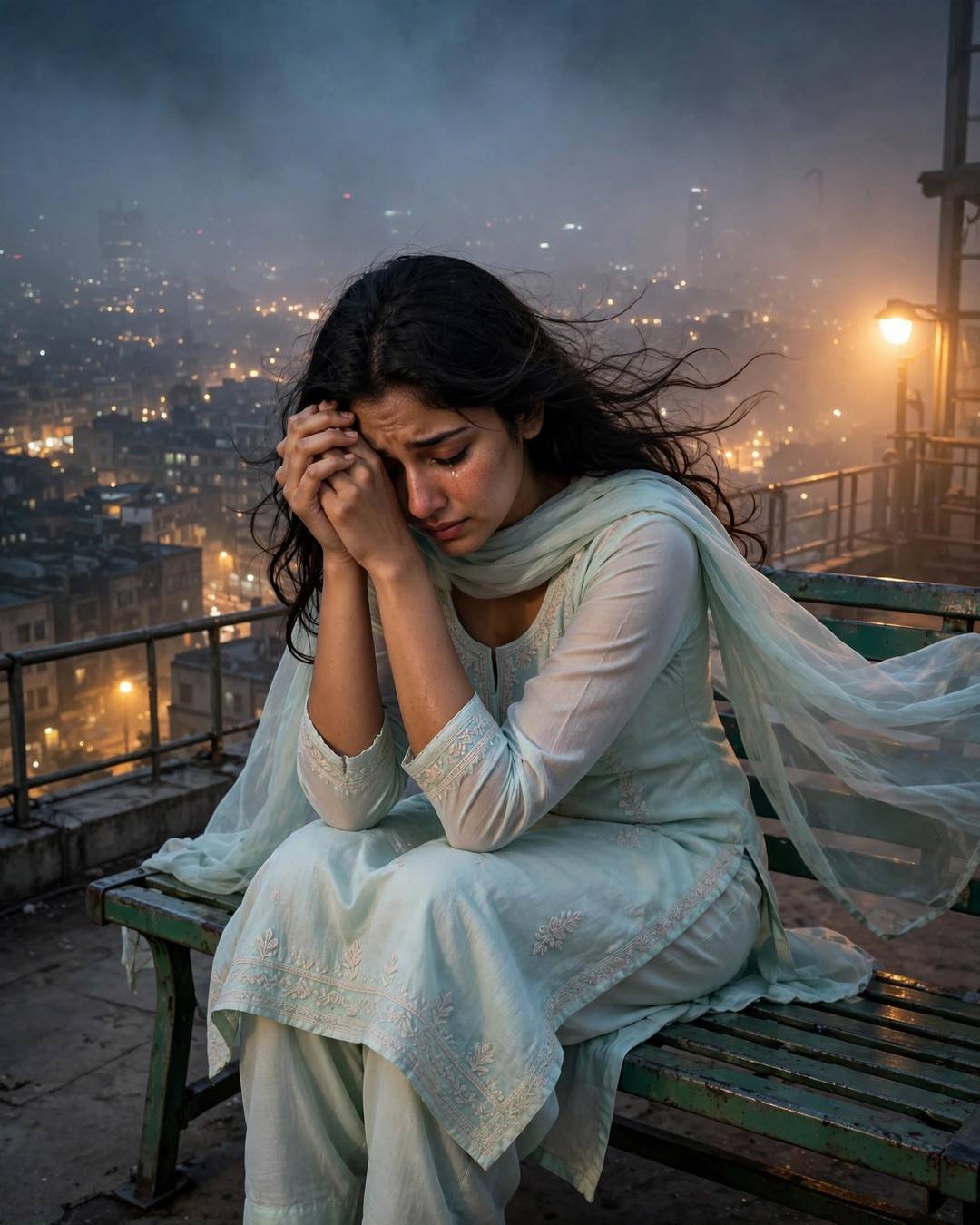 Young Indian woman in pastel salwar-kameez crying on a rooftop bench above foggy city lights at dusk