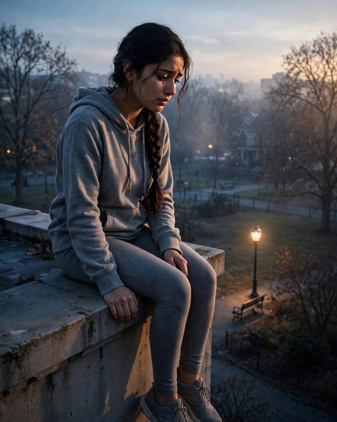 Young Indian woman in grey hoodie crying tears of relief on a ledge above a park at dawn