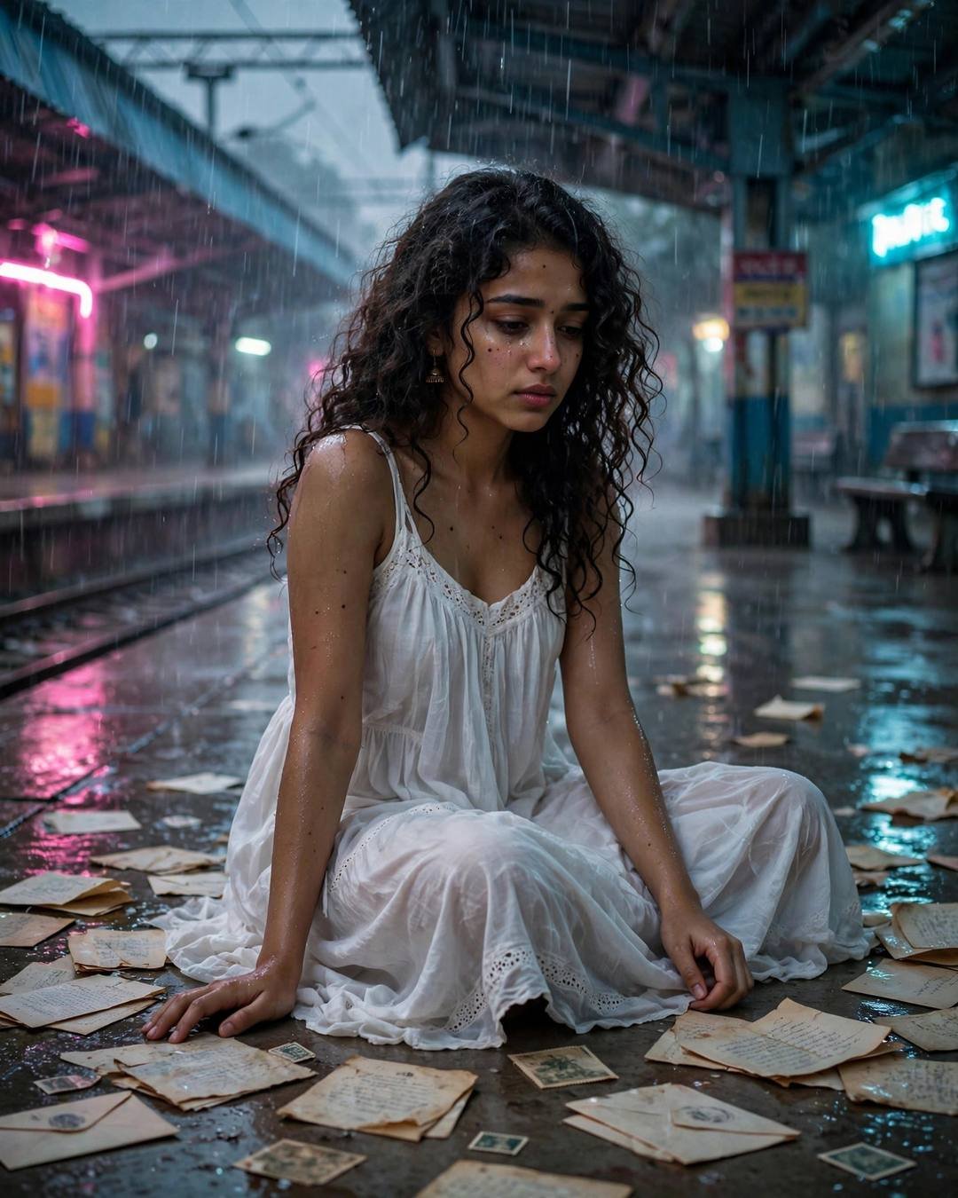 Young Indian woman in white dress crying and laughing among old letters on a monsoon railway platform with neon glow