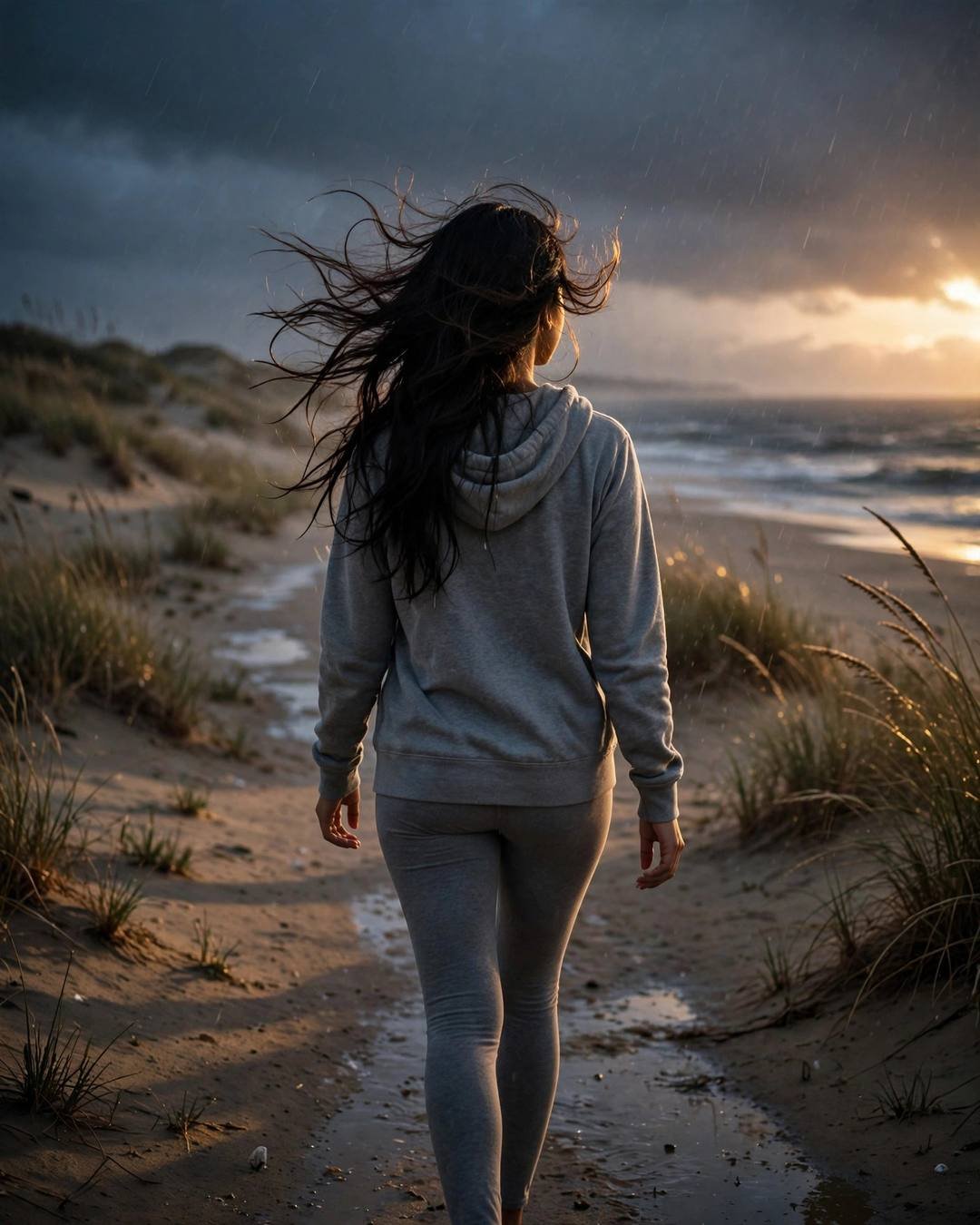 Young woman in grey hoodie walking away on a rainy beach path at dusk, hair flying in the wind, dramatic side light