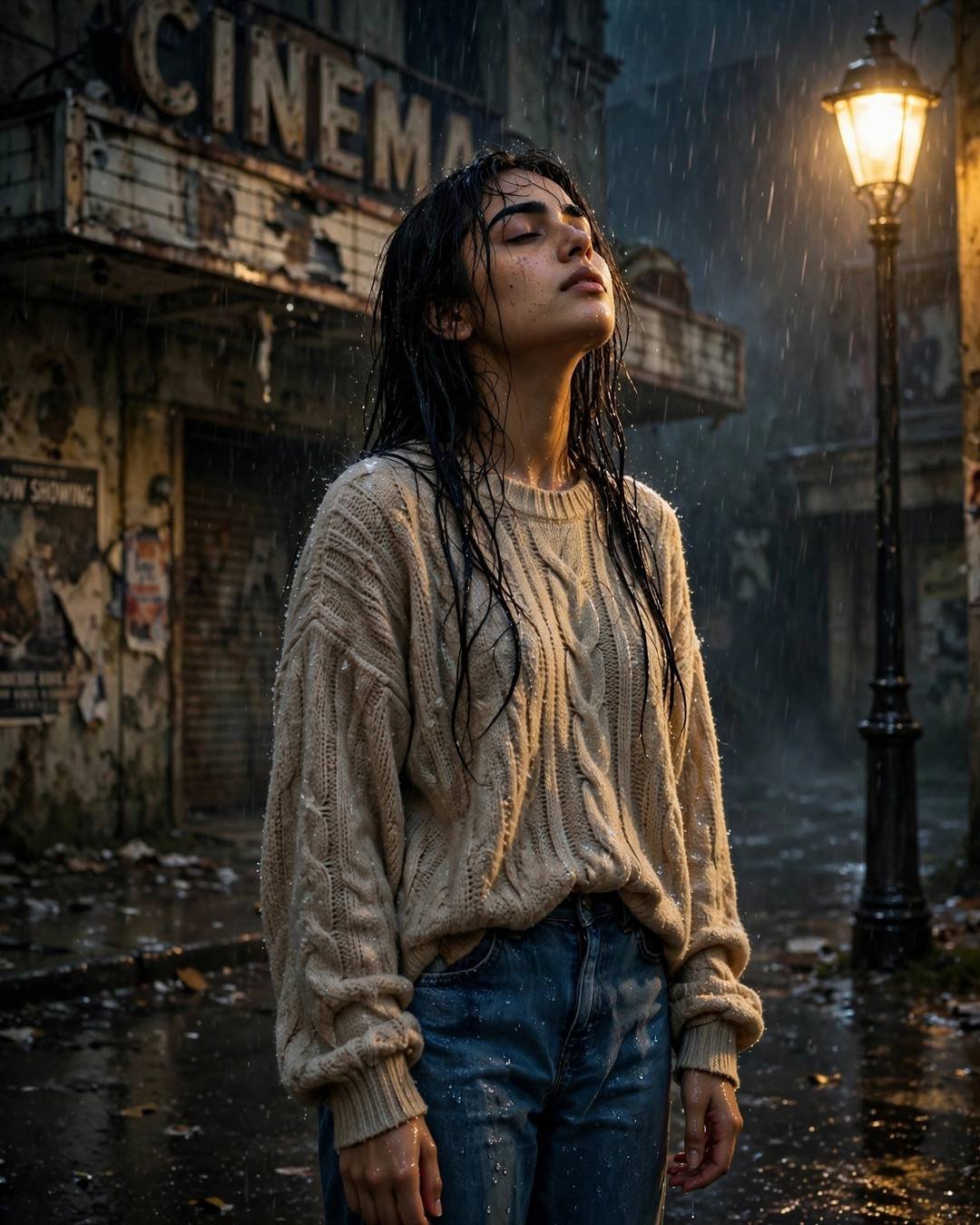 Young woman under a streetlamp in midnight rain, face lifted to sky, mother's saree over a beige sweater, abandoned cinema behind
