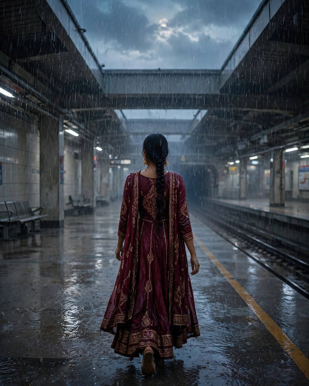 Woman in maroon anarkali walking away on a rainy metro platform at midnight, long braid, heavy rain