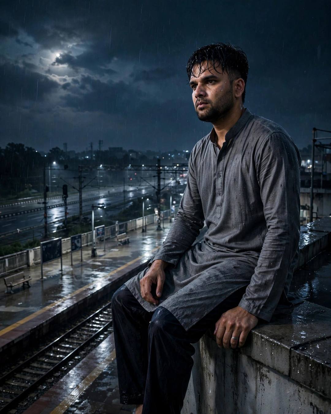 Young Indian man in a grey kurta sitting on the edge of an empty, rain-wet railway platform at night under moonlight