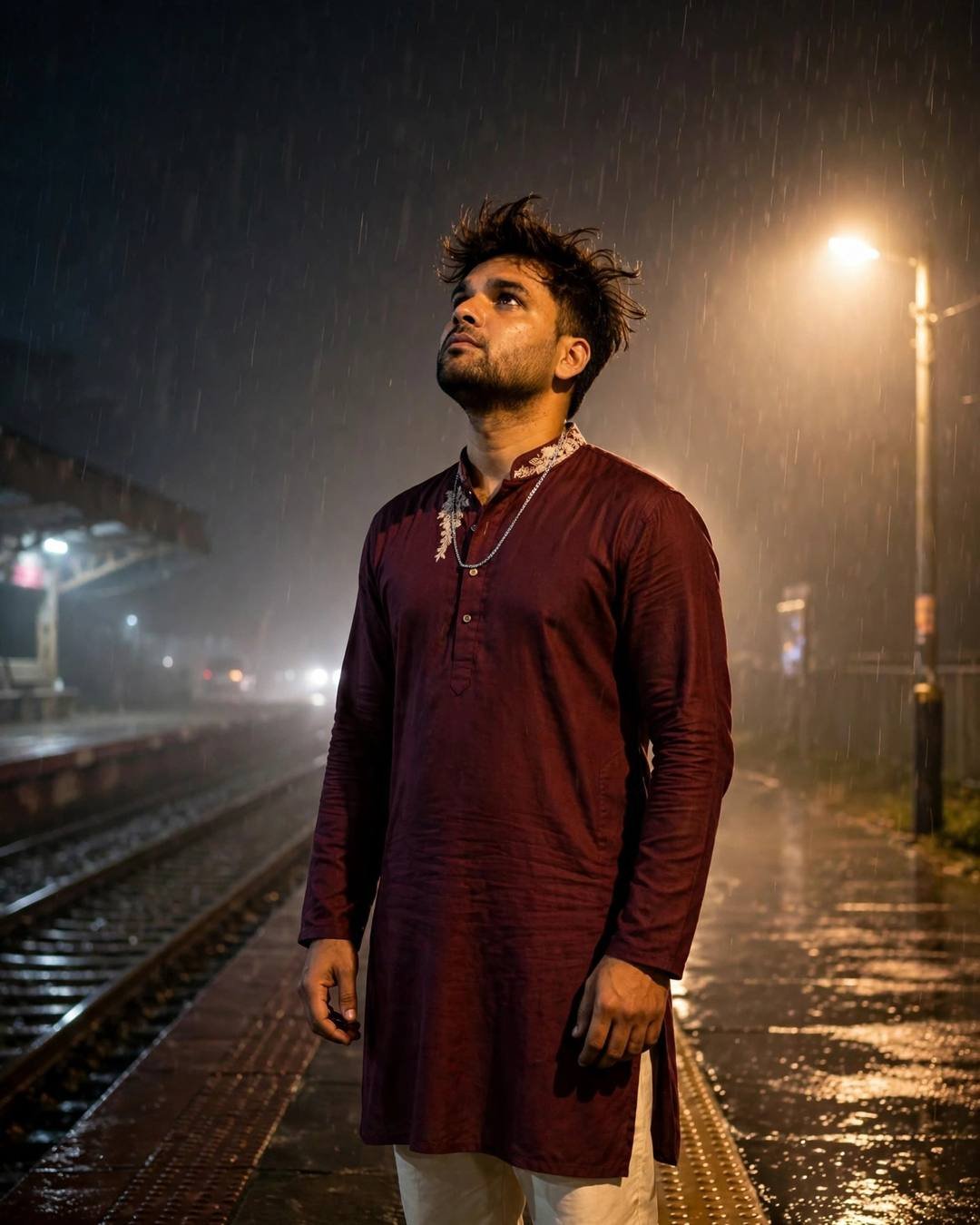 Young Indian man in a maroon kurta standing under a streetlamp in the rain on an empty platform at night, face lifted to the sky