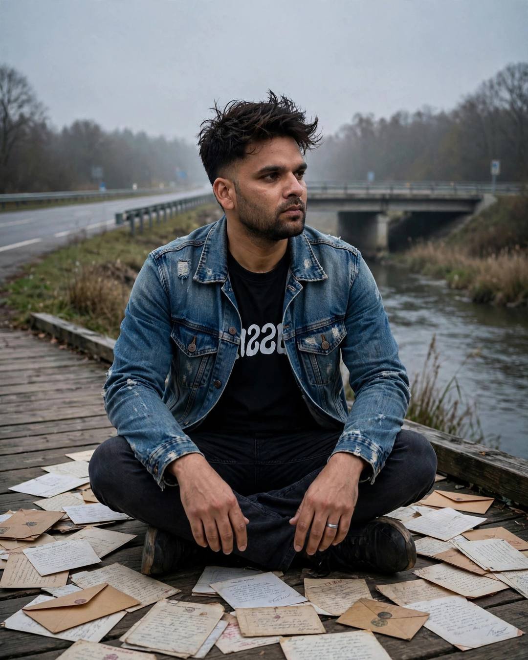 Young Indian man in a denim jacket sitting cross-legged on a wooden riverside walkway surrounded by scattered old letters