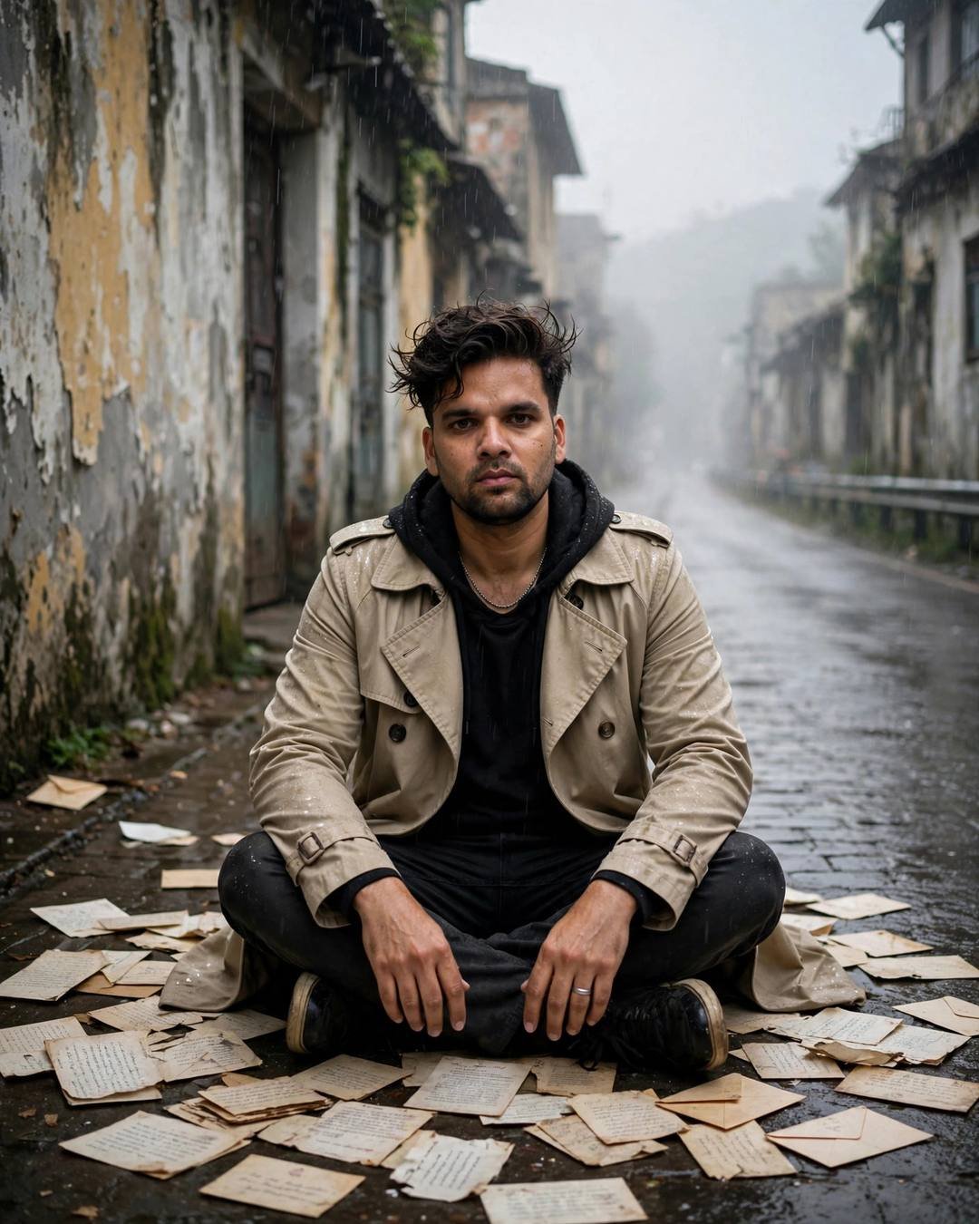 Young Indian man in a beige trench coat sitting cross-legged in a narrow rain-wet old-city lane with peeling walls, old letters scattered around