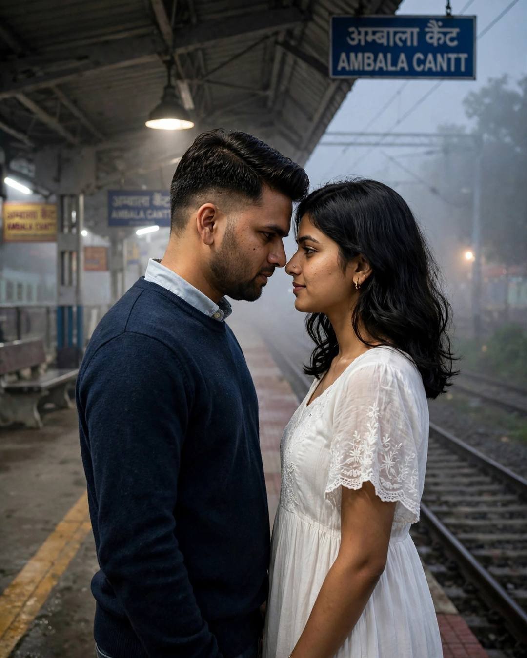 Young couple face to face with foreheads nearly touching on a foggy railway platform at night, navy sweater and white dress