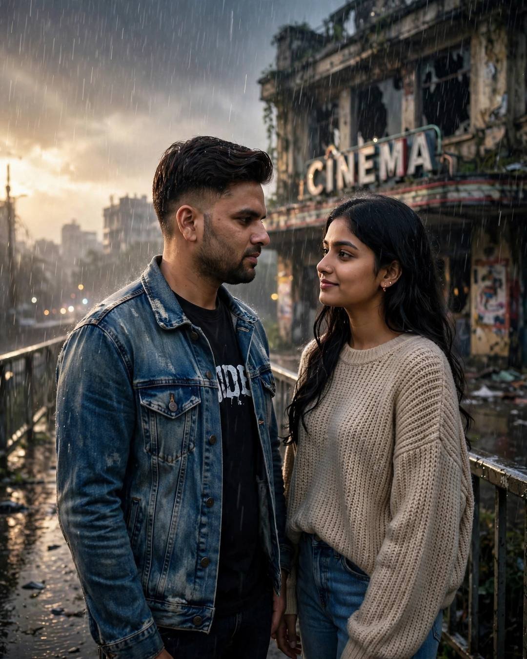 Couple on a rainy bridge looking at each other, abandoned cinema glowing behind, man in denim jacket, woman in beige sweater