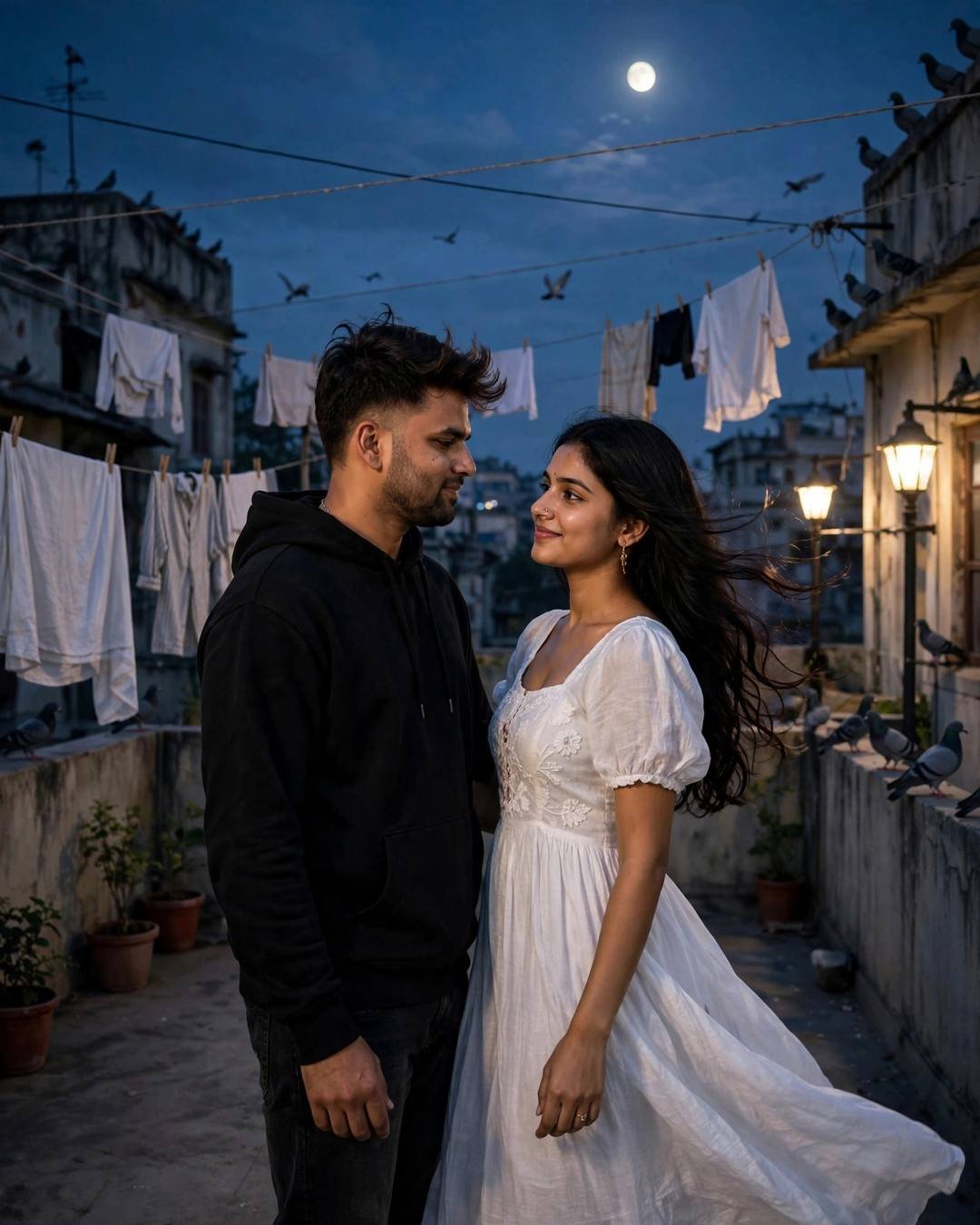 Couple slow dancing on a moonlit rooftop terrace, clothes lines and pigeons, black hoodie and white dress
