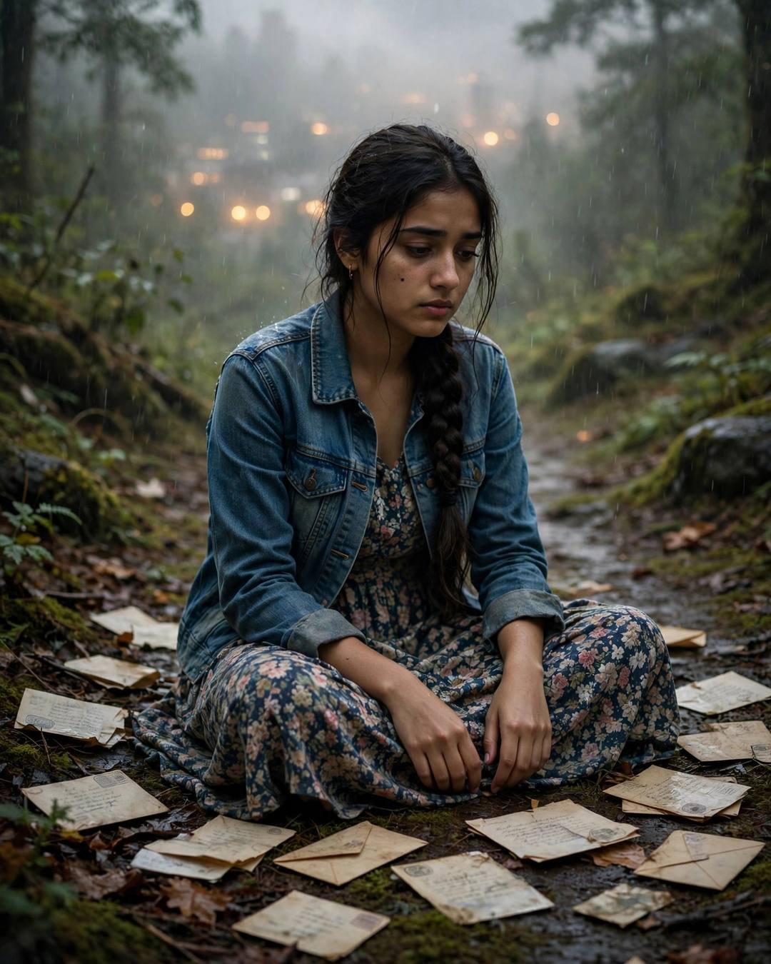 Young Indian woman with long braid in denim jacket sitting cross-legged among old letters on a misty forest path