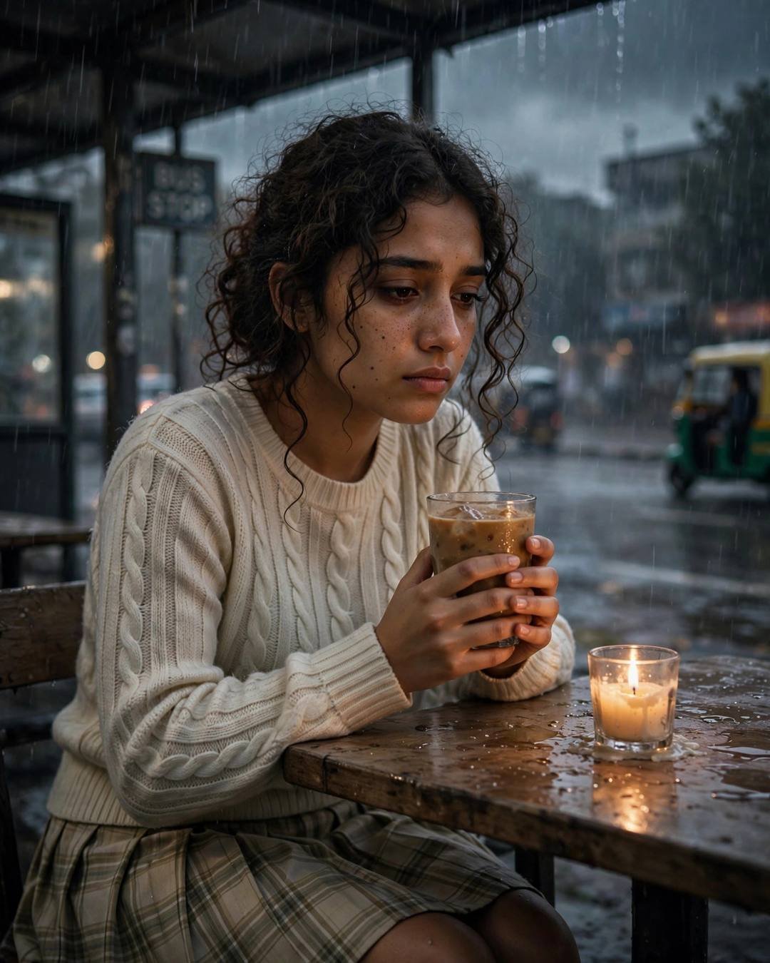 Young Indian woman in cream knit top and plaid skirt sitting at a rain-soaked bus stop with coffee and candle
