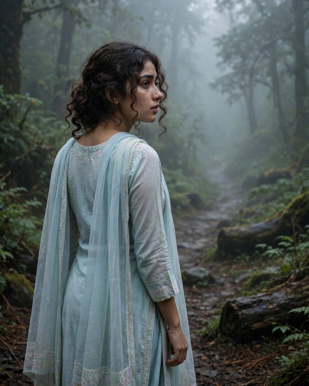Young Indian woman in pastel salwar-kameez with dupatta looking over her shoulder on a misty forest path