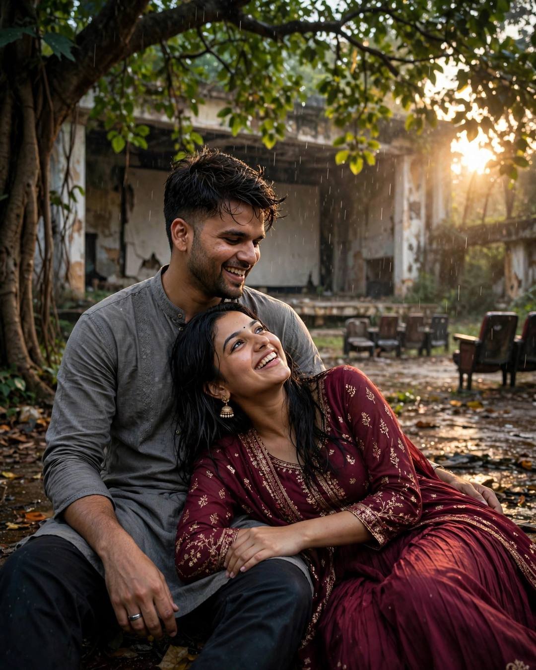Couple laughing softly under a tree at an abandoned cinema in golden rain