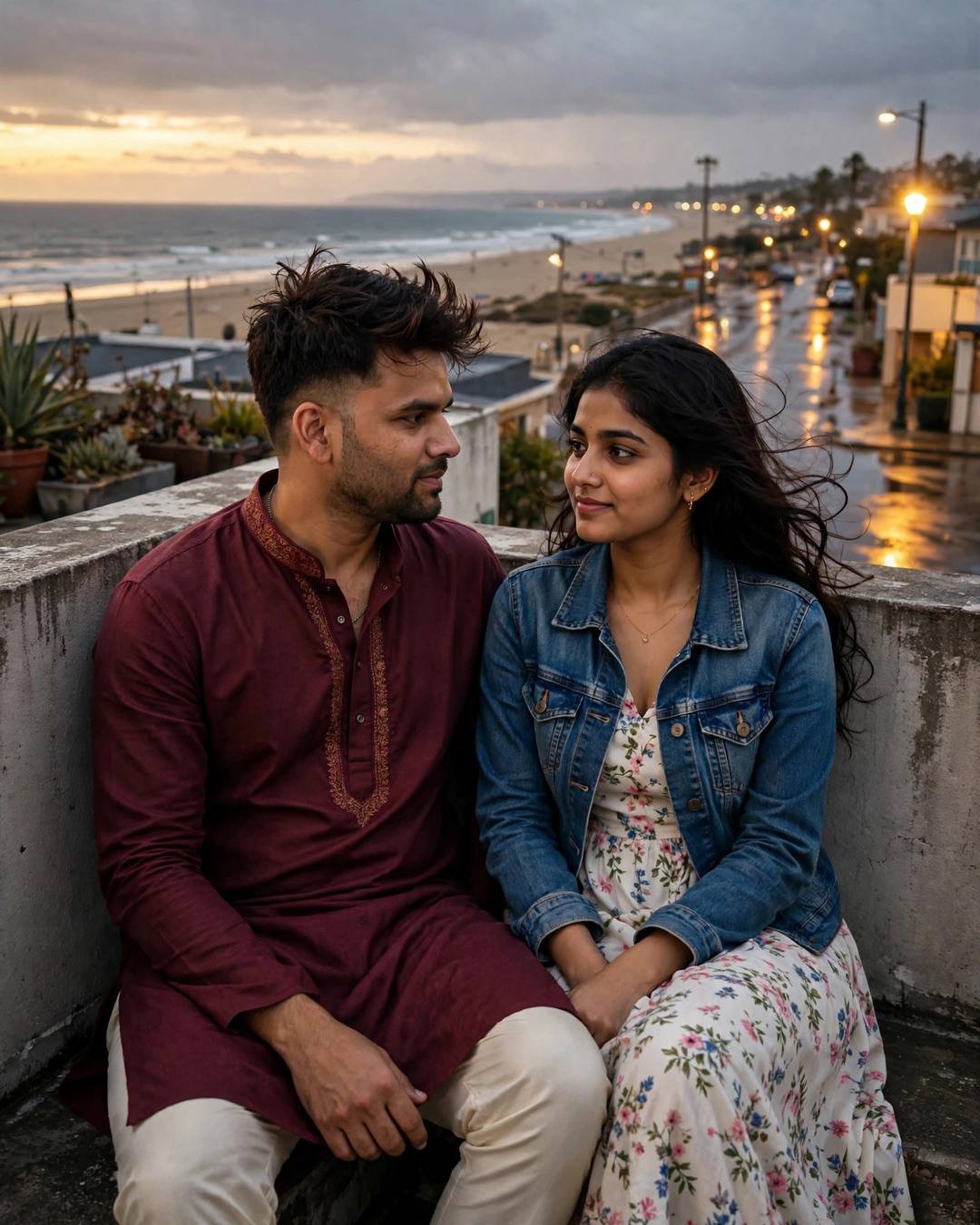 Couple sitting with backs against a rooftop wall overlooking the sea at golden hour