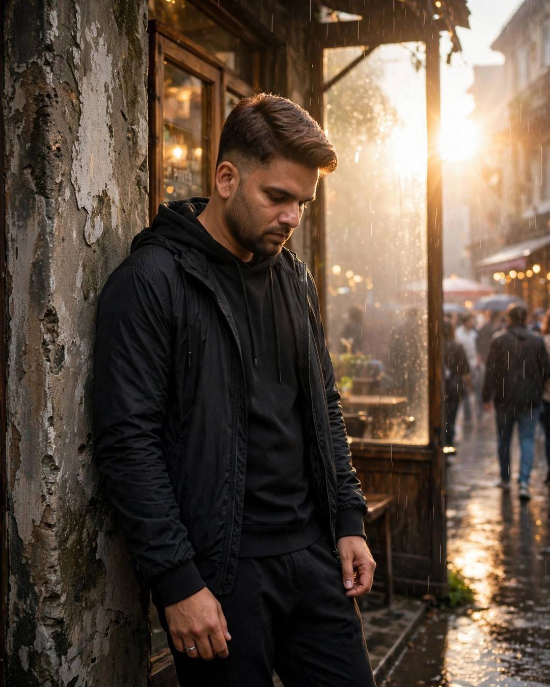 Man in all-black streetwear leaning against a weathered cafe wall in the drizzle