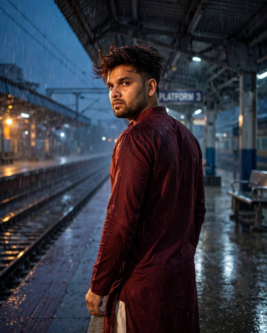Man in black streetwear under a streetlamp in the rain at night, face lifted up