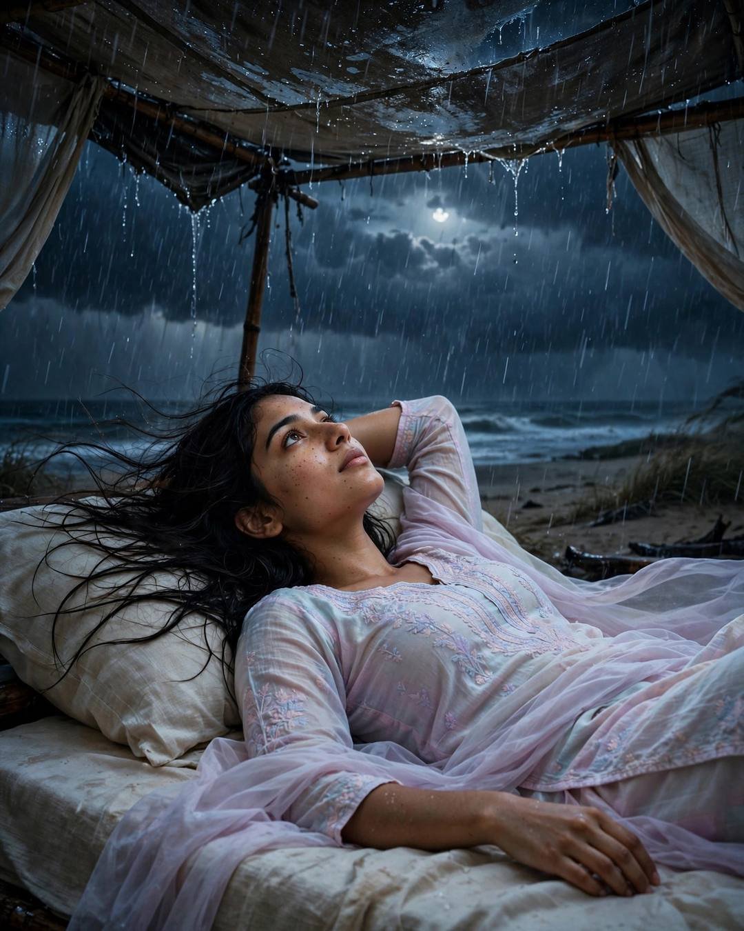 Young woman in pastel salwar lying on a bed under a beach shelter in monsoon rain at night