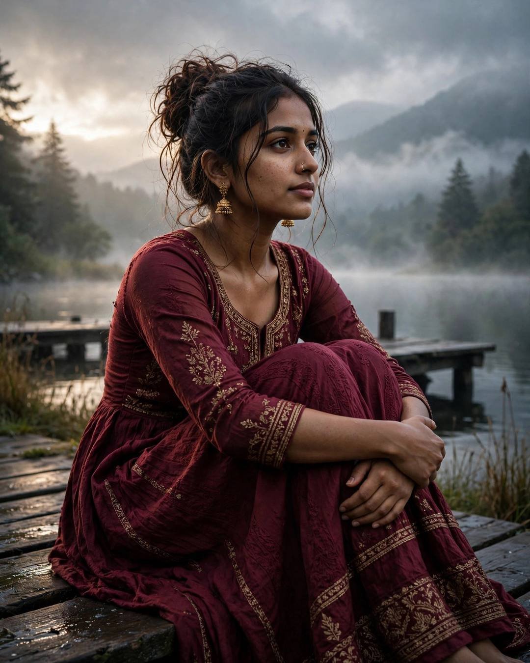 Young woman in maroon anarkali sitting with knees drawn up on a misty lake pier at dawn