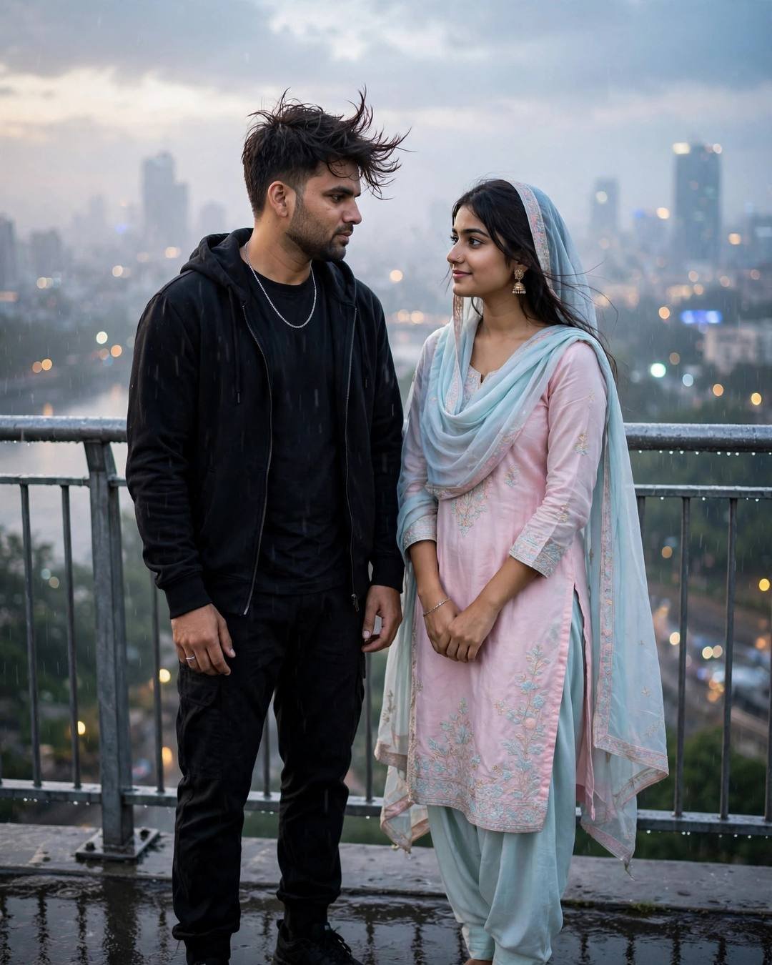 Couple standing on a rainy rooftop at dawn, city lights blurred behind