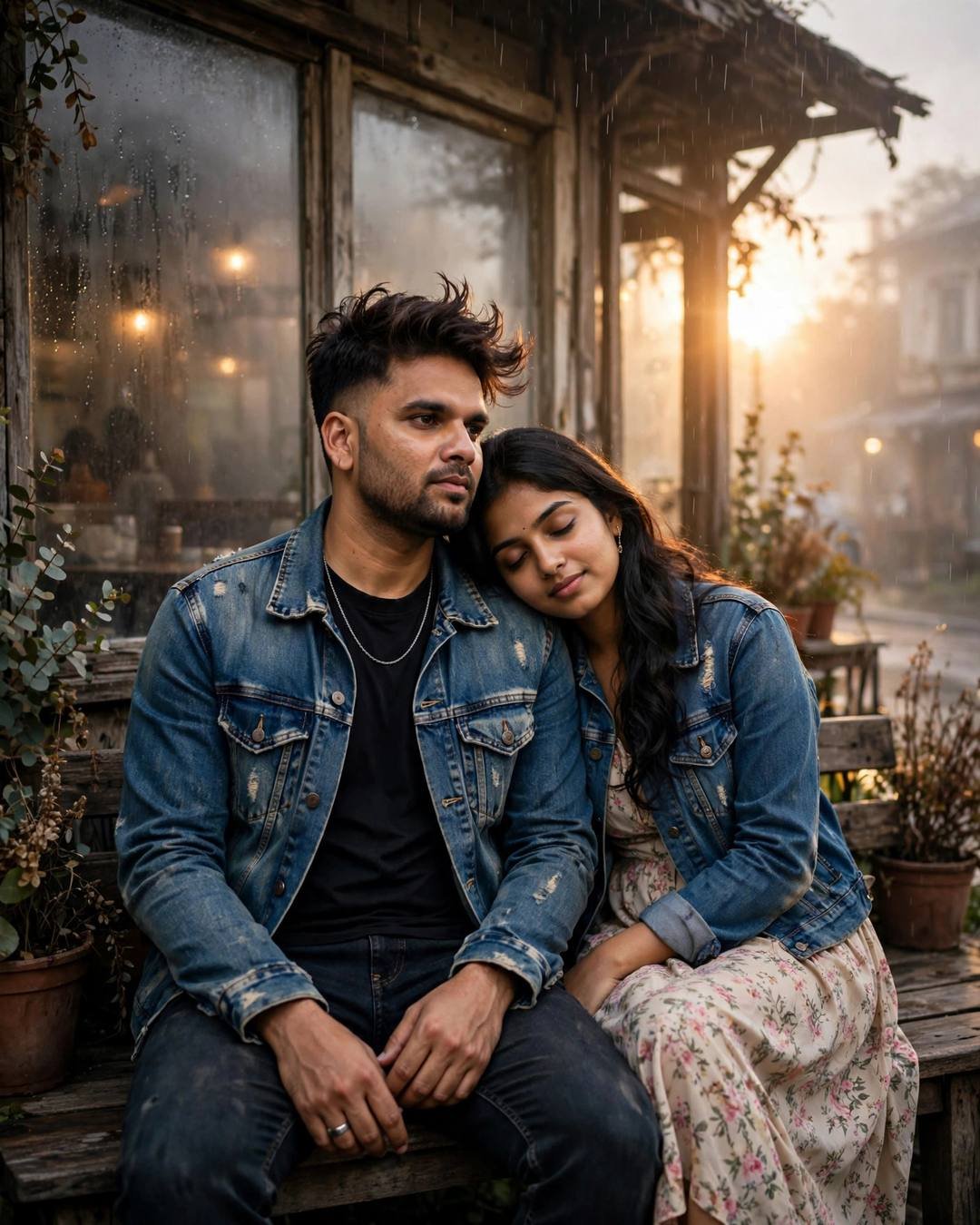 Couple in denim jackets on a bench at an old cafe, her head on his shoulder