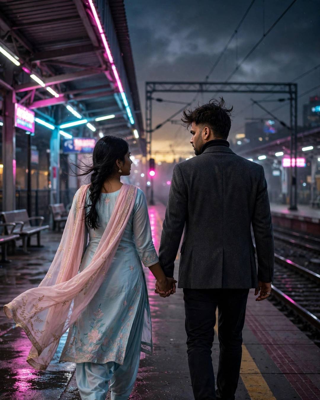 Couple walking hand in hand away on a neon-lit railway platform at night