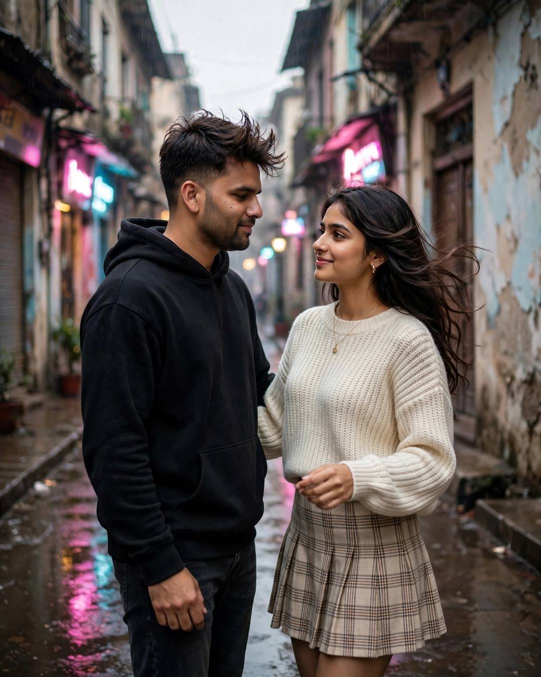 Couple slow dancing in a neon-lit old-city lane at night, smiling at each other