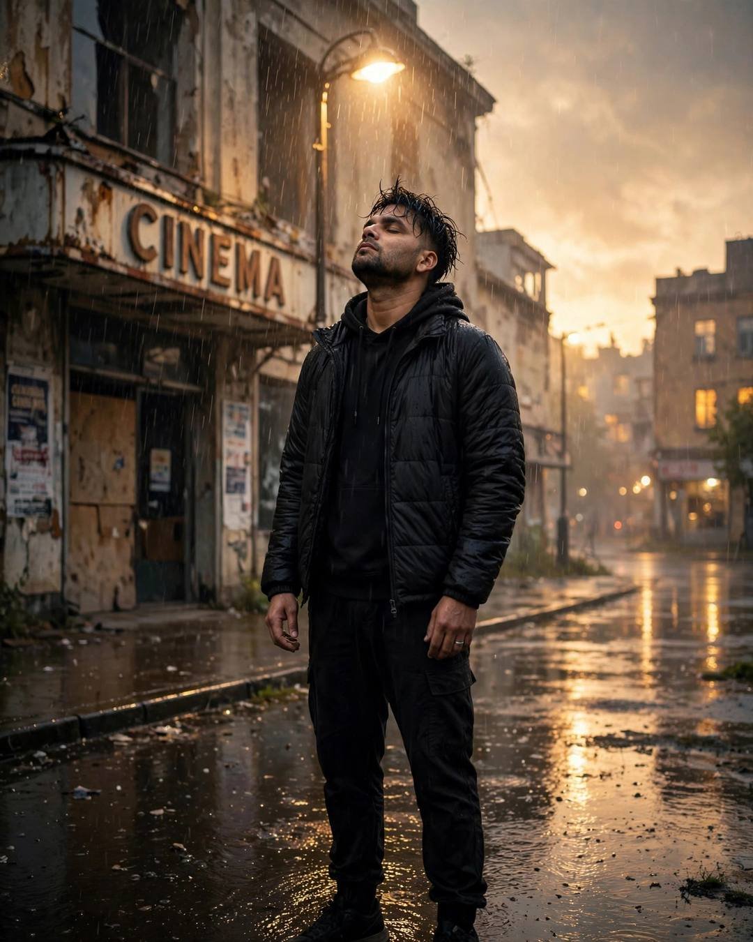 Man in black streetwear standing under a streetlamp in the rain with face lifted to the sky